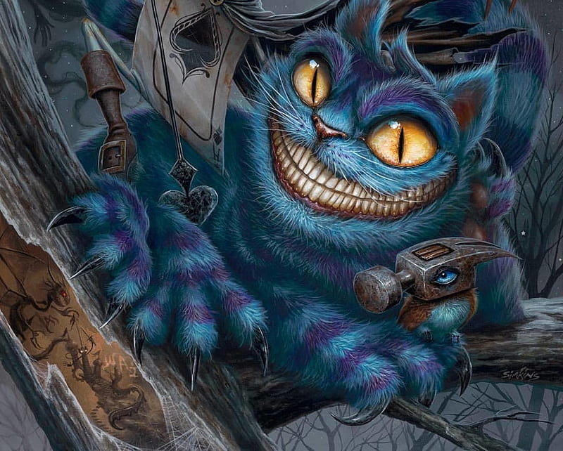 Cheshire cat, fantasy, pisici, wonderland, greg simkins, blue, HD wallpaper