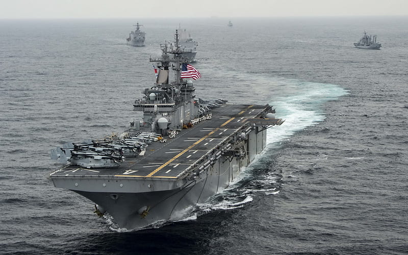 amphibious assault ship, USS Boxer, L-4, Wasp-class, warship, ocean, US Navy, USA, Sikorsky CH-53, Sea Stallion, Bell Boeing, V-22 Osprey, HD wallpaper