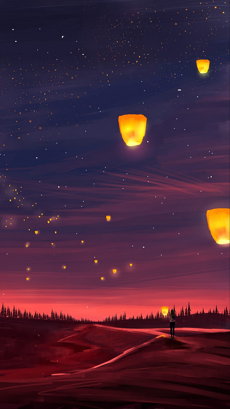 Lanterns In the Night , dark, art, lights, HD phone wallpaper