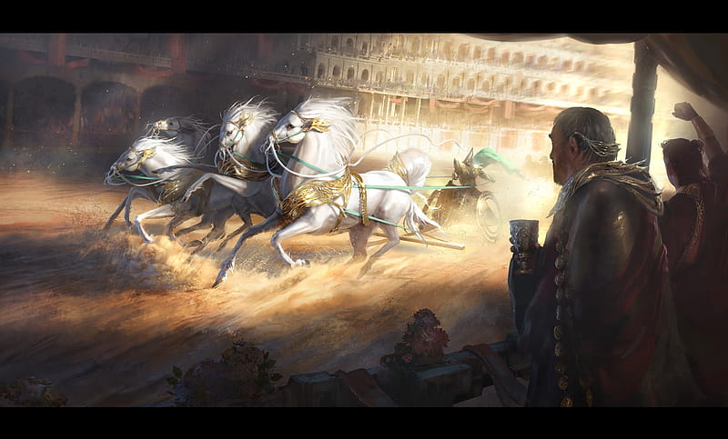 Chariots of Visteria, art, fantasy, frumusete, chariot, magdalena katanska, visteria, horse, white, luminos, HD wallpaper