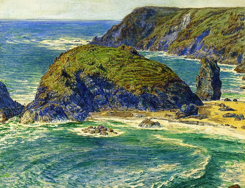 William Holman Hunt. 'Asparagus Island, Kynance. Cornwall.', art, cornwall, romance, england, painting, pre-raphaelite, coast, sea, HD wallpaper