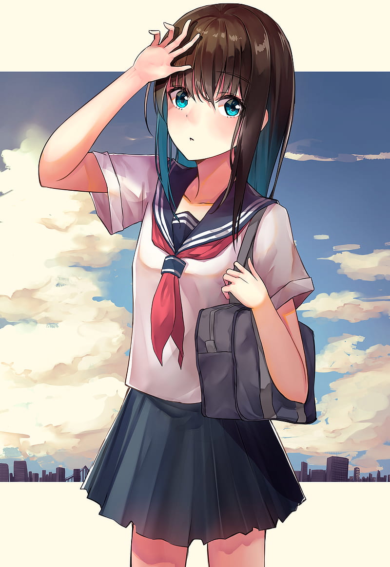 anime school girl, clouds, brown hair, Anime, HD phone wallpaper