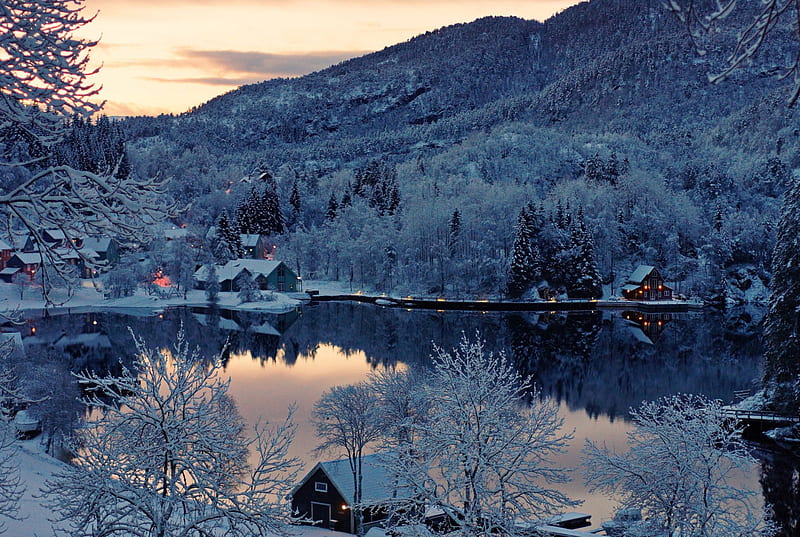 ✰Villages in the Midst of Winter✰, wonderful, silent, calm, splendor, grasses, lovely, quiet, houses, white trees, Lakes, sky, trees, electric lights, Mountains, cool, snow, ice, Christmas, Seasons, home, Forests, bonito, Winter, cold, frosty, sunsets, Villages in the Midst of Winter, night, amazing, Holidays, New Year, shadow, colors, snow trees, Travels, frozen, reflections, HD wallpaper