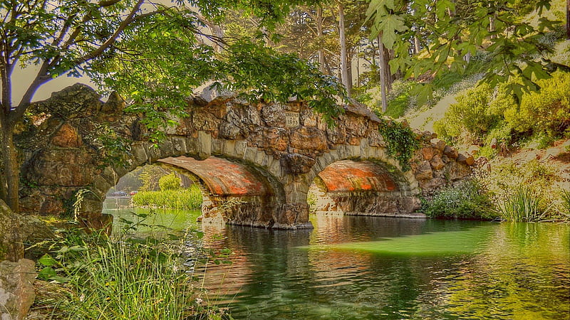 beautiful stone bridge, forest, stones, arches, bridge, river, HD wallpaper