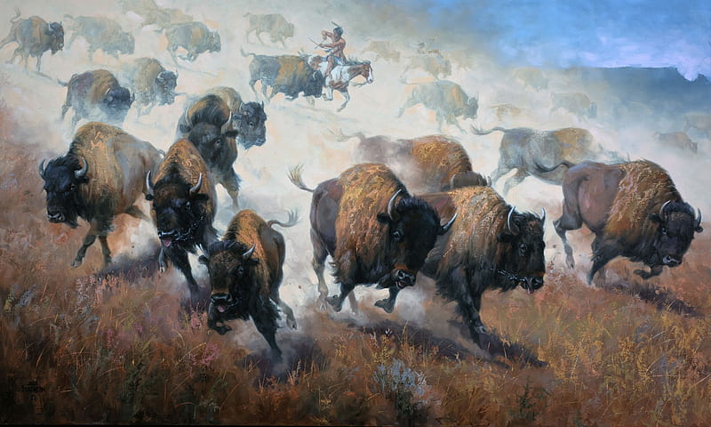 Bisons, art, jack sorenson, bison, herd, painting, running, pictura, animal, HD wallpaper