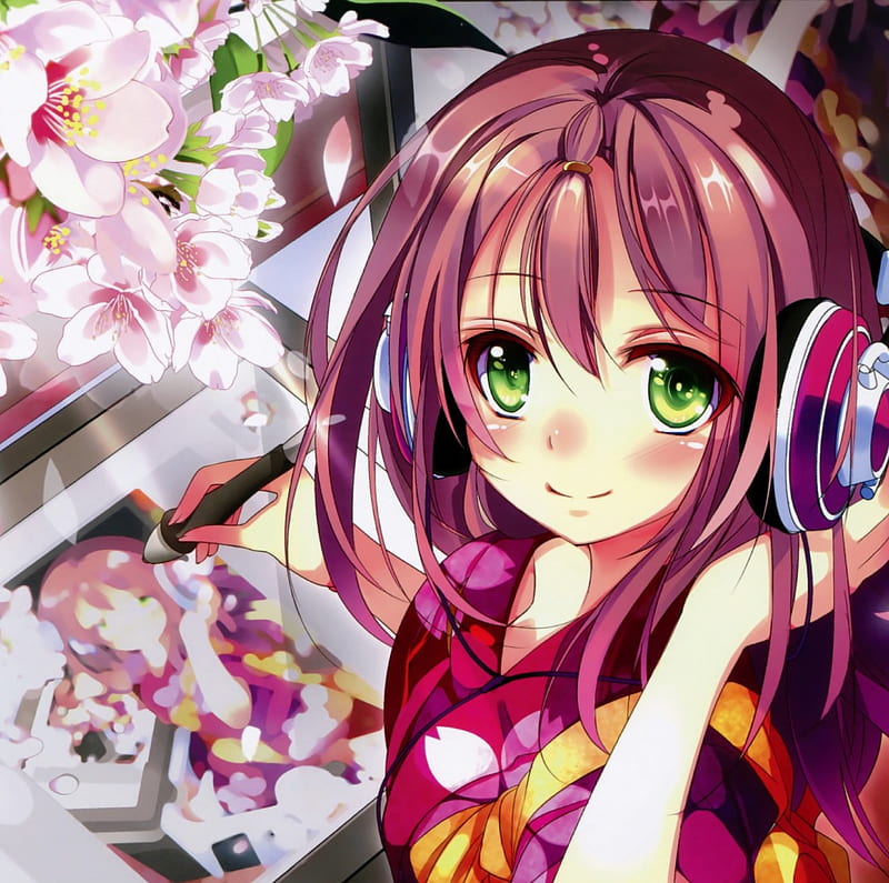 Kimono girl, pretty, girl, anime, sakura flowers, drawing, headphones,  kimono, HD wallpaper | Peakpx