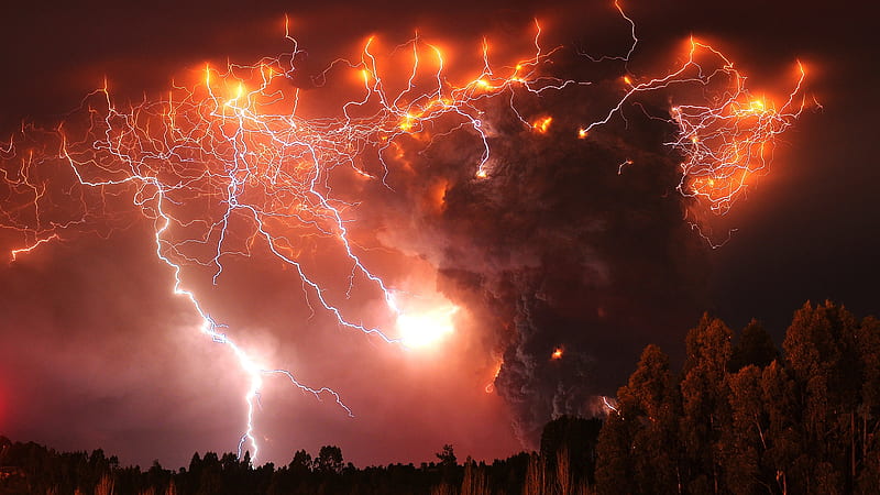 Lightning over Volcano, Lightning, Forces, Nature, Volcano, HD wallpaper