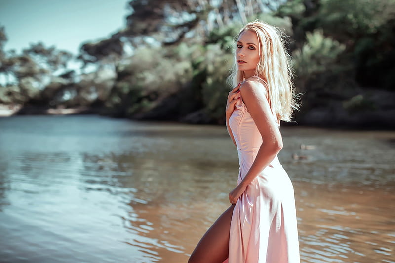 Catarina, river, model, dress, blonde, leg, HD wallpaper