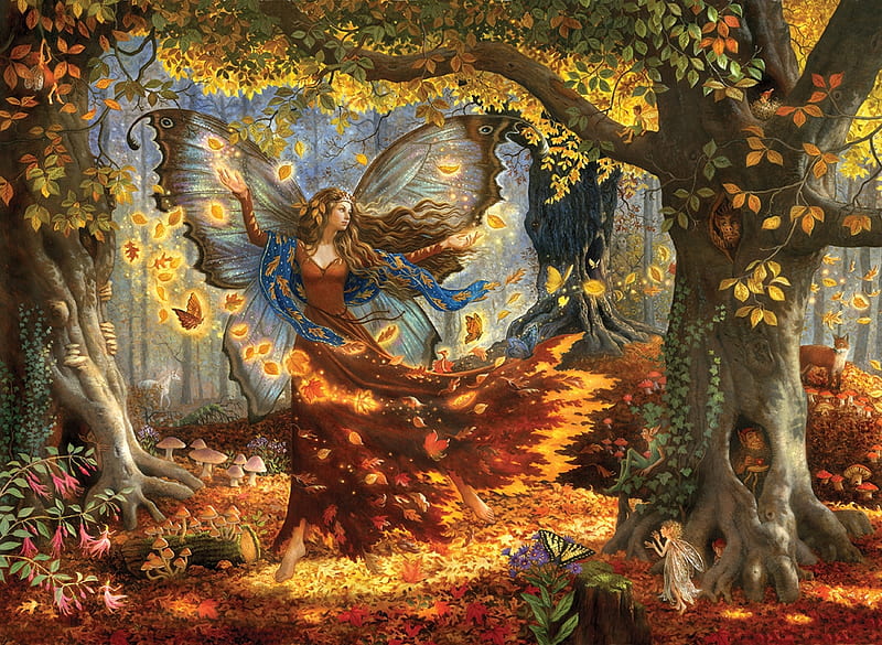 Woodland fairy, fantasy, autumn, wings, orange, girl, luminos, fairy, forest, art, tree, HD wallpaper
