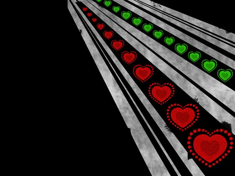 Heart Road, red, roadway, white stipes, green hearts, love, HD wallpaper