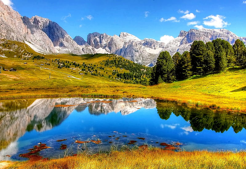 Beautiful nature nature, scenery, lake, landscape, grass, water, graphy, snow, mountains, reflection, HD wallpaper