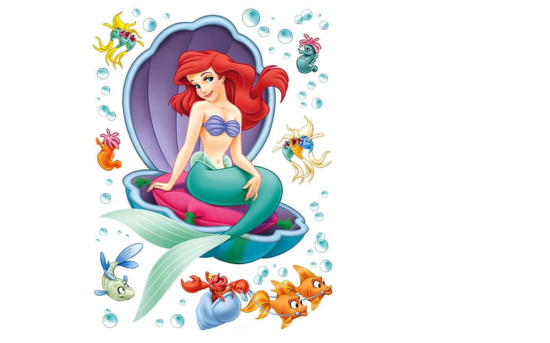 Ariel, fish, redhead, mermaid, fantasy, little mermaid, girl, shell, summer, child, siren, disney, blue, HD wallpaper