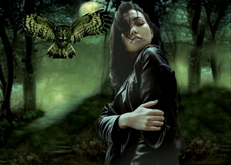 Quiet They May Hear Us, mystery, artistic, pretty, bold, bonito, woman, women, green, feminine, daring, night, owl, forest, female, wings, lovely, black, creative, girl, dark, white, HD wallpaper