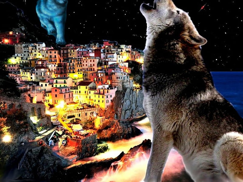 Lobos mágicos, espíritu, depredador, ciudad, obra de arte, aullido, Fondo  de pantalla HD | Peakpx