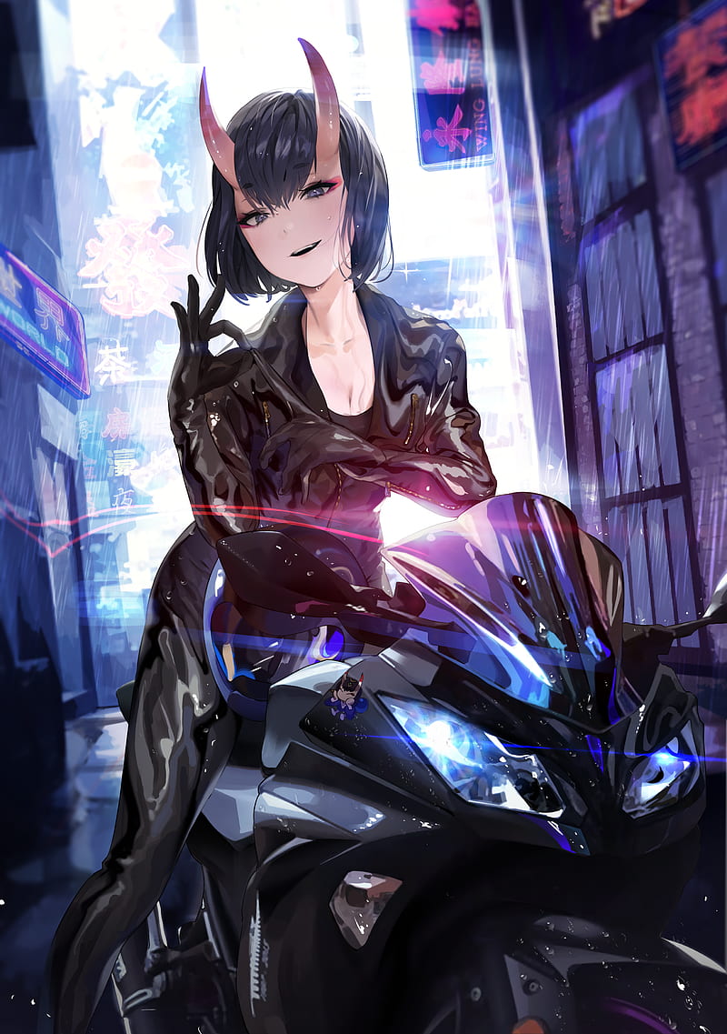 artwork, horns, demon horns, anime, anime girls, gloves, smiling, short hair, black hair, purple eyes, leather jackets, leather pants , oni girl, motorcycle, women with bikes, rain, wet, cleavage, Fate Series, UTHY, HD phone wallpaper