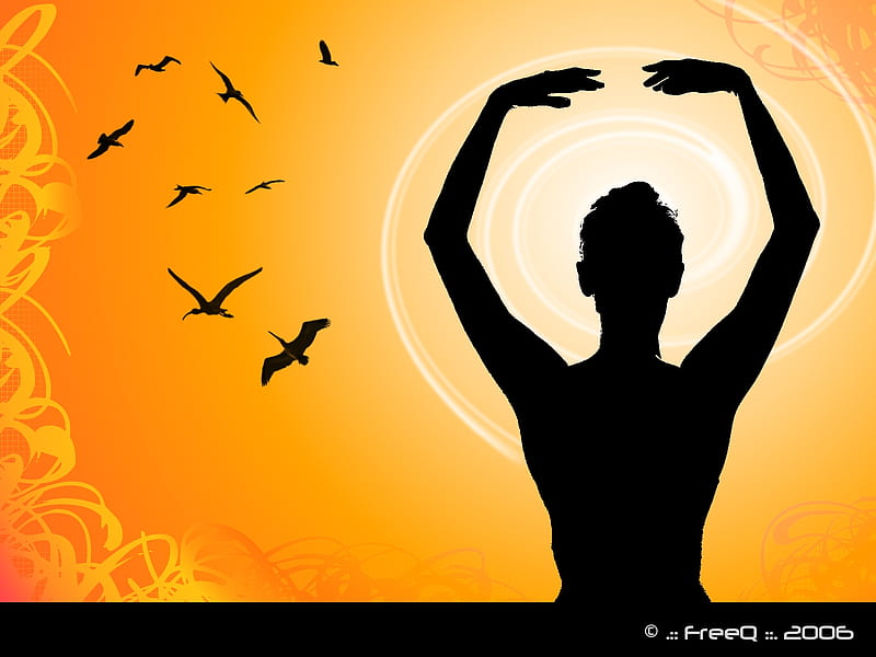 Morning Yoga, orange, morning, silhouette, yoga, woman, HD wallpaper