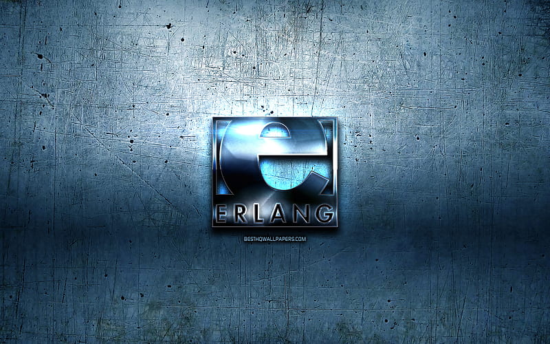 Erlang metal logo, grunge, programming language signs, blue metal background, Erlang, creative, programming language, Erlang logo, HD wallpaper