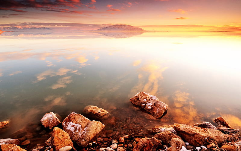 America Utah Great Salt Lake Rock Sunset, HD wallpaper