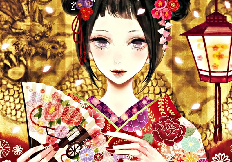 Geisha, red, chinese dragon, art, dante, lantern, manga, yellow, kimono ...