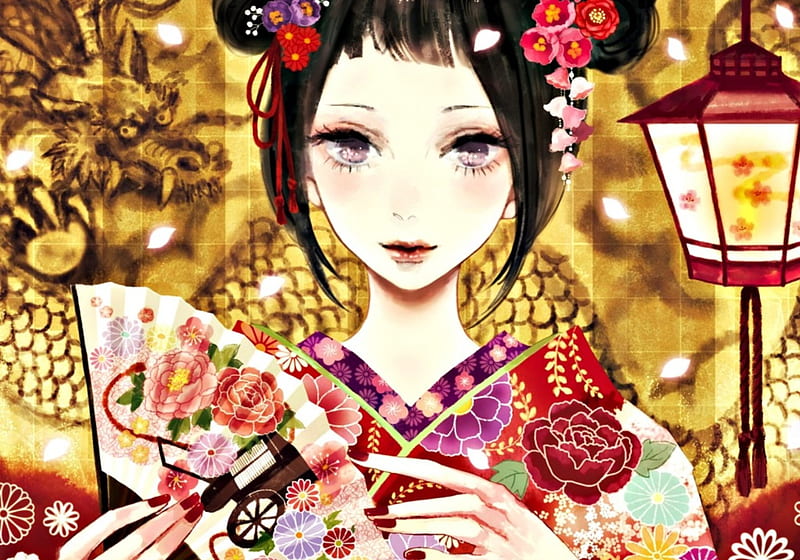 Beautiful geisha, golden, green eyes, manga, yellow, bow, geisha, water,  girl, HD wallpaper