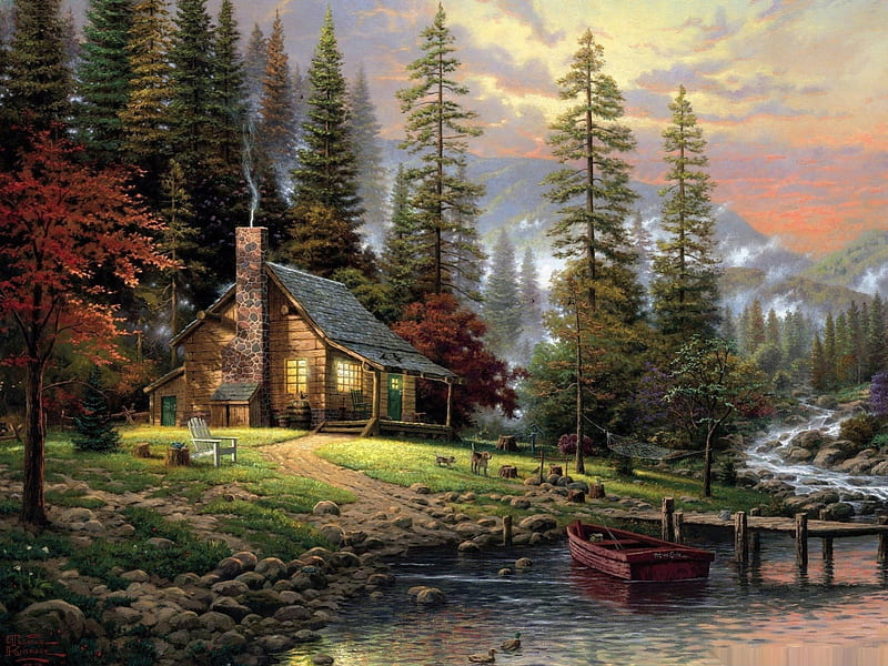 Chalet painting, mountain, art, boat, paint, cottage, nature, trees, lake, HD wallpaper