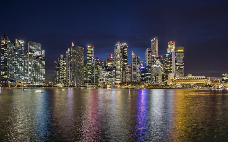Singapore, night cityscape, skyscrapers, modern buildings, night, city, HD wallpaper