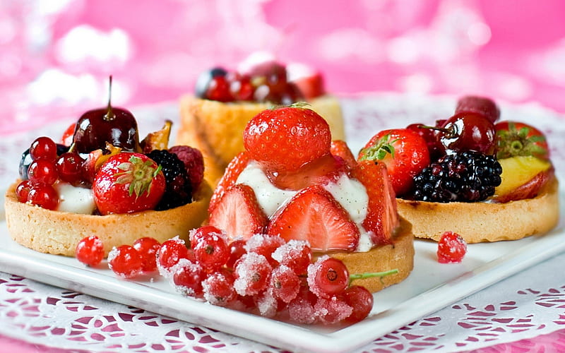 Fruit Tarts, tarts, raspberries, cherries, abstract, dessert, fruit, bakery, berries, strawberries, blackberries, HD wallpaper