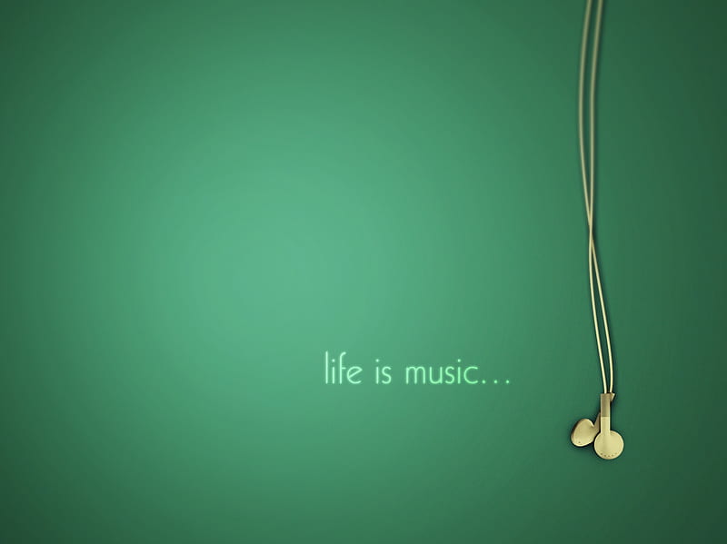 Life Is Music, cables, green, headphones, simple, white, HD wallpaper