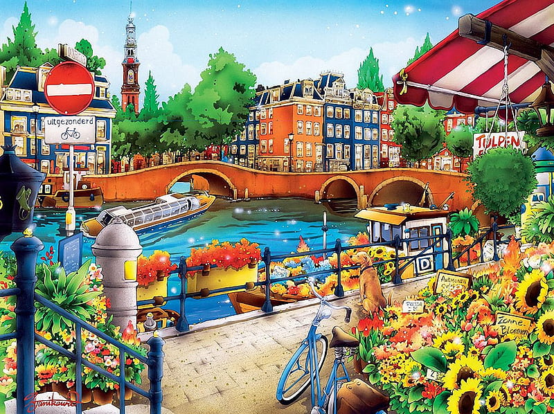 Amsterdam, houses, bicycle, flowers, dog, canal, artwork, netherlands, boats, city, bridge, painting, HD wallpaper