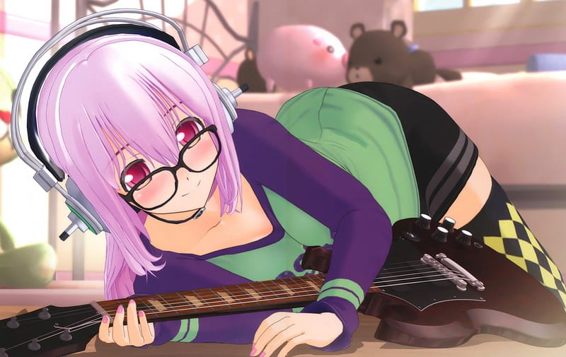 Super Sonico, Guitar, Pretty, Anime, Manga, bonito, Happy, Smile, Sonico, Gorgeous, Sweet, Pink Hair, Fun, Lying, Awesome, Glasses, Pink Eyes, Emotional, Sexy, Playful, Lovely, Amazing, Cute, Headphones, Music, Medium Hair, Anime Girl, Laying, HD wallpaper