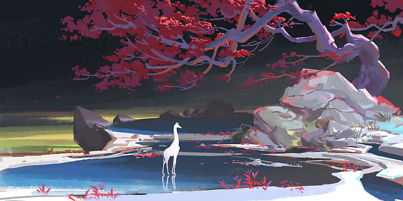 giraffe, fantasy landscape, tree, rock, water, Fantasy, HD wallpaper