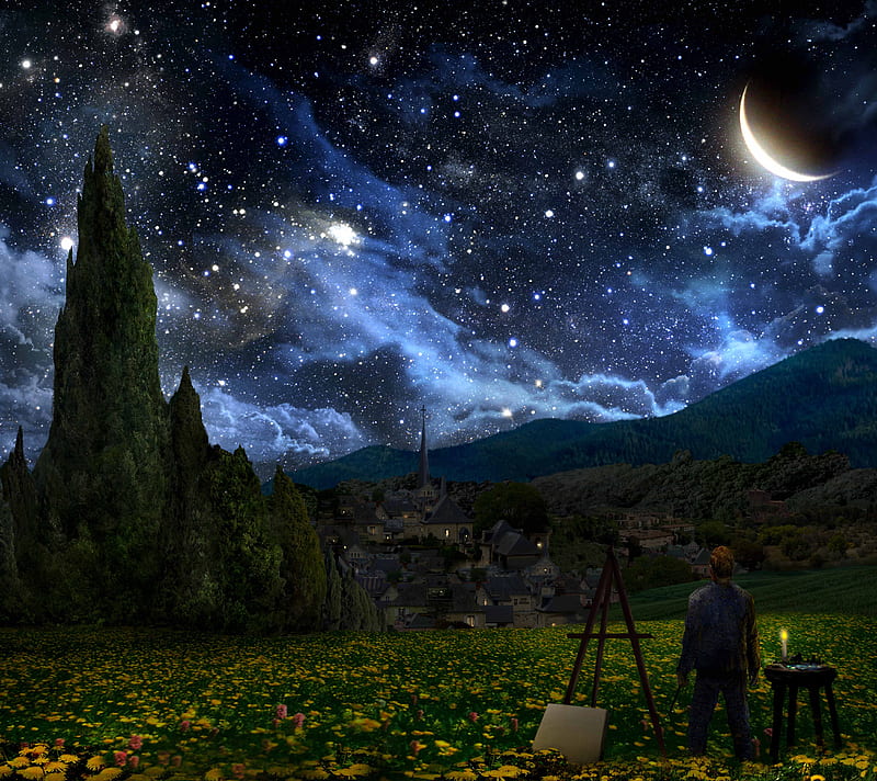 Starry Night, kid, landscape, moon, paintings, stars, HD wallpaper