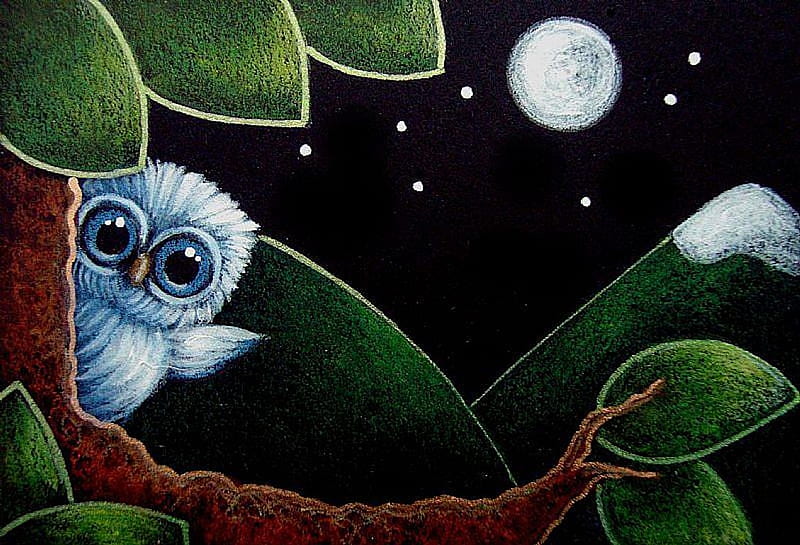 Pequeño búho azul bebé, árbol, hojas, luna, noche, Fondo de pantalla HD |  Peakpx