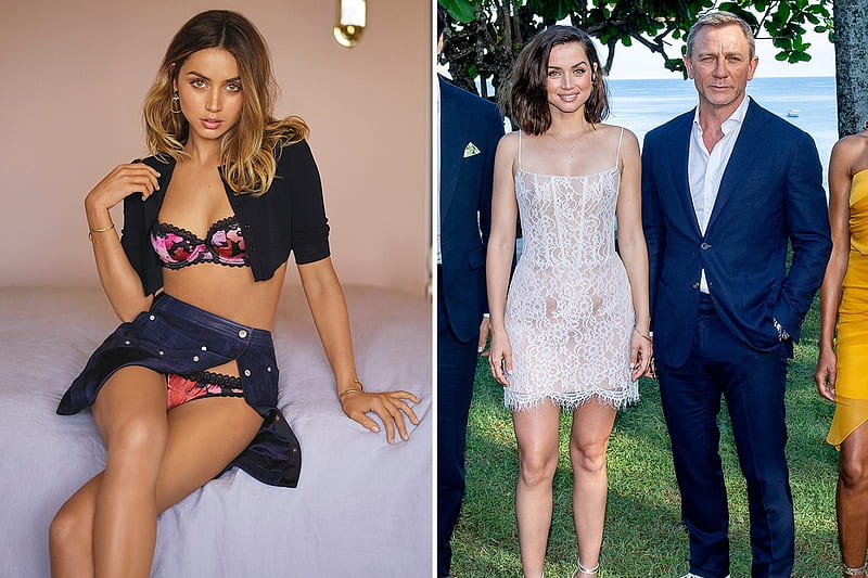 Left: Ana de Armas Right: Armas with Daniel Craig, brunette, blue outfit revealing bikini lingerie, see thru white lace dress, suit and whit shirt, grass, jewelry, tree, HD wallpaper