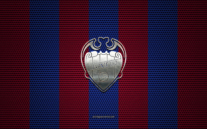 Levante UD logo, Spanish football club, metal emblem, red blue metal mesh background, Levante UD, La Liga, Valencia, Spain, football, HD wallpaper