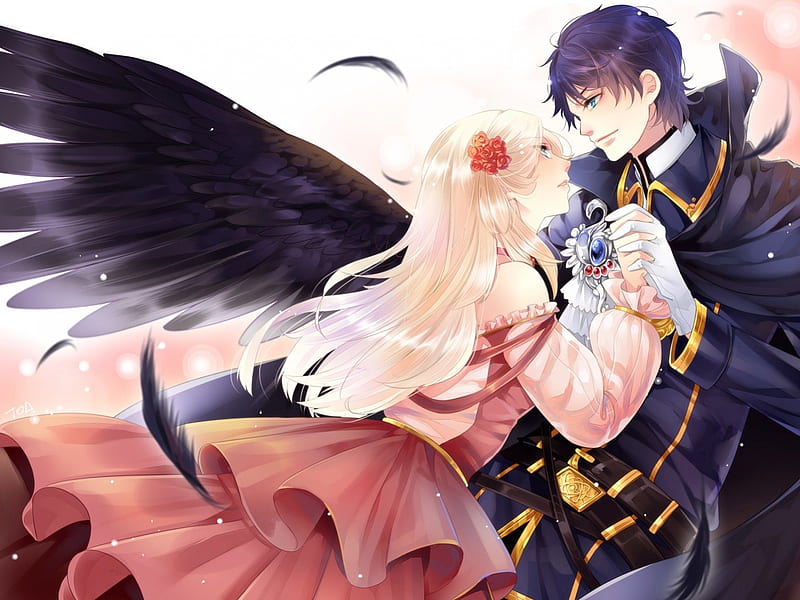 Sweet Love~, romance, anime, love, black wings, couple, feathers, HD  wallpaper | Peakpx