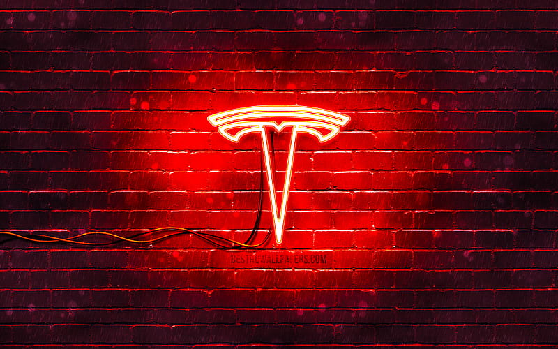 Tesla red logo red brickwall, Tesla logo, cars brands, Tesla neon logo, Tesla, HD wallpaper