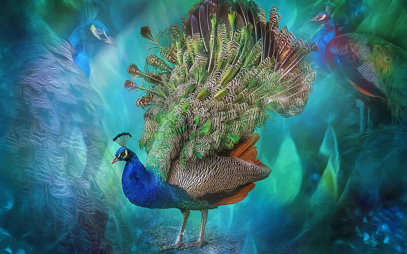 Peacock, fantasy, luminos, green, bird, paun, pasari, blue, feather, HD wallpaper