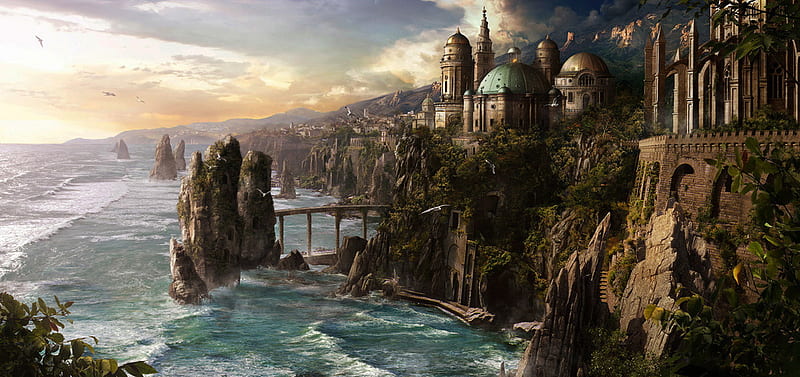 Ancient city, fantasy, city, mountains ocean, abstract, HD wallpaper
