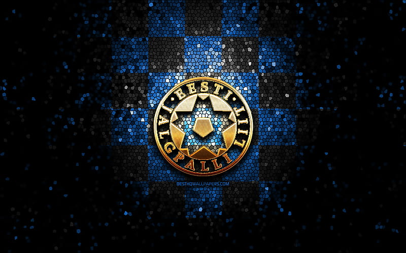 Estonian football team, glitter logo, UEFA, Europe, blue black checkered background, mosaic art, soccer, Estonia National Football Team, EFA logo, football, Estonia, HD wallpaper