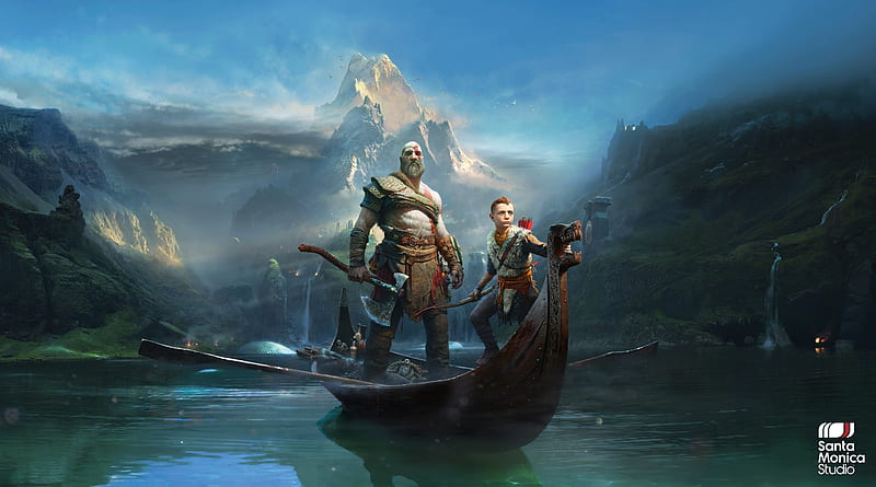 god of war 4, kratos, boat, atreus, mountains, artwork, Games, HD wallpaper