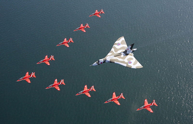 Avro Vulcan With The Red Arrows, red, formation, military, bomber, planes, display, arrows, HD wallpaper