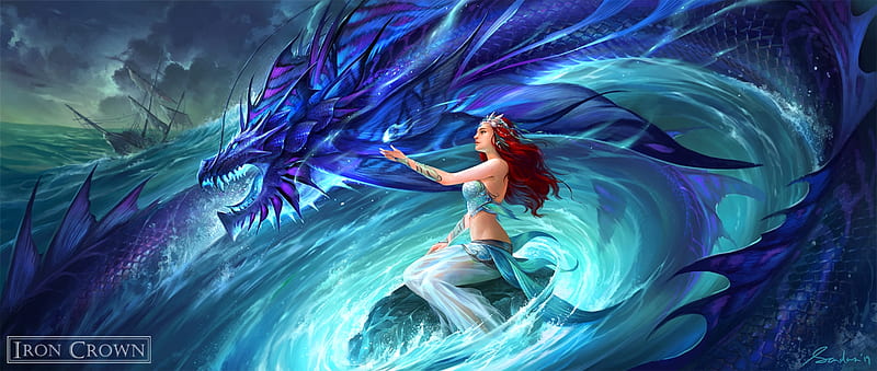 Maelstrom, fantasy, water, luminos, girl, dragon, sandara, blue, HD wallpaper