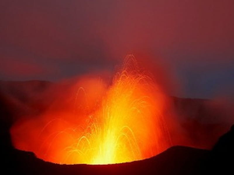 Active Volcano, shooting, forceofnature, orange, yellow, sky, clouds, volcano, mountain, dark, hot, day, nature, HD wallpaper