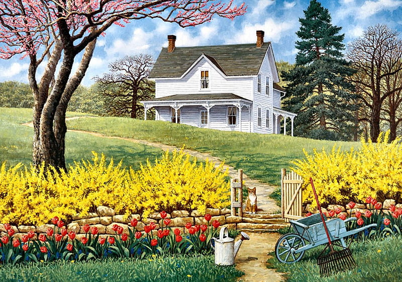 Spring Flowers F2, art, spring, cat, illustration, artwork, pet, feline, painting, wide screen, flowers, scenery, wheelbarrow, landscape, HD wallpaper