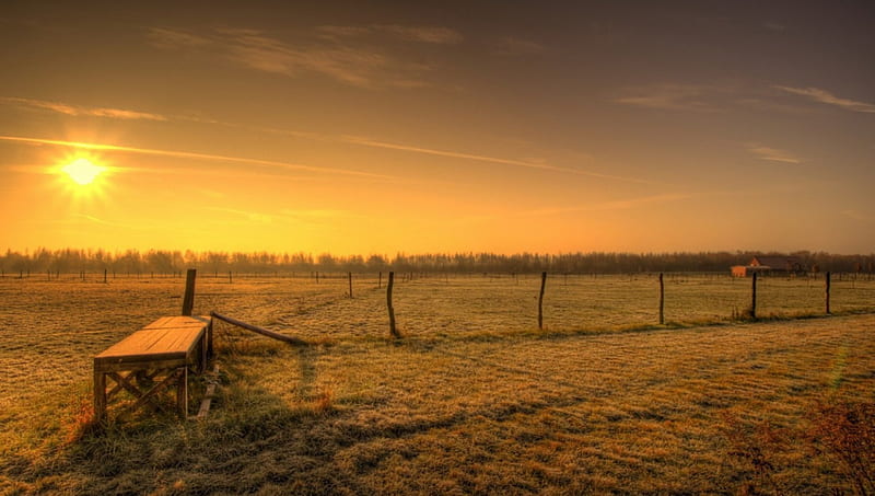sunrise over fenced pastures r, fences, grass, pastures, wooden table, r, sunrise, HD wallpaper