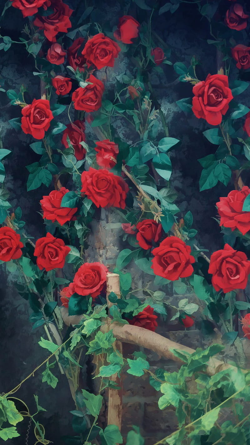 Roses, drawings, love, paint, red, rose, HD phone wallpaper