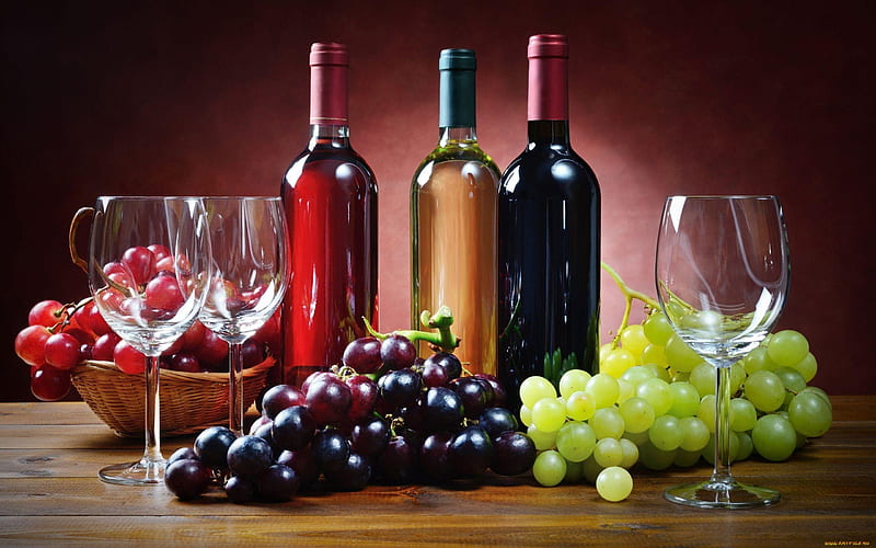 Wine and Grapes, glass, grapes, bottles, wine, HD wallpaper