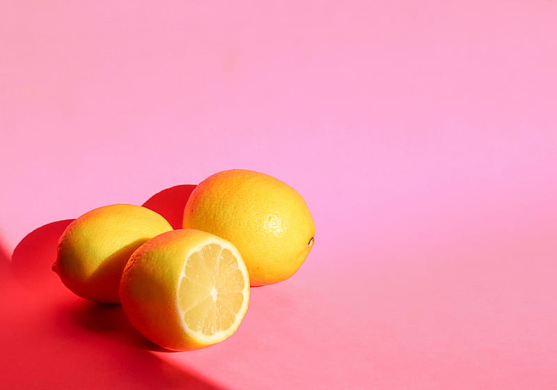 lemons, fruit, citrus, yellow, pink, HD wallpaper