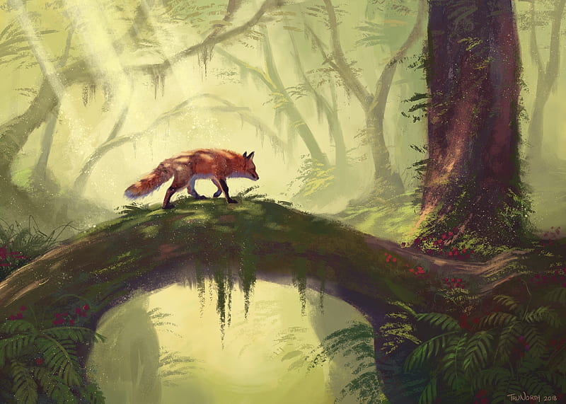 The fox, forest, vulpe, fantasy, luminos, fox, green, ian moore, animal, HD wallpaper